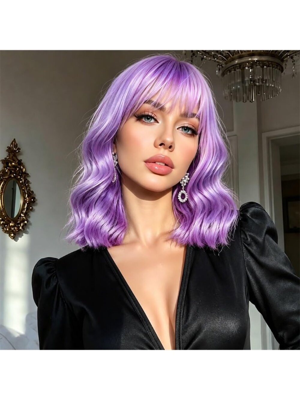 Women's Lavender Lilac Wavy Synthetic Shoulder Length Sweetie Bob Wig Bangs